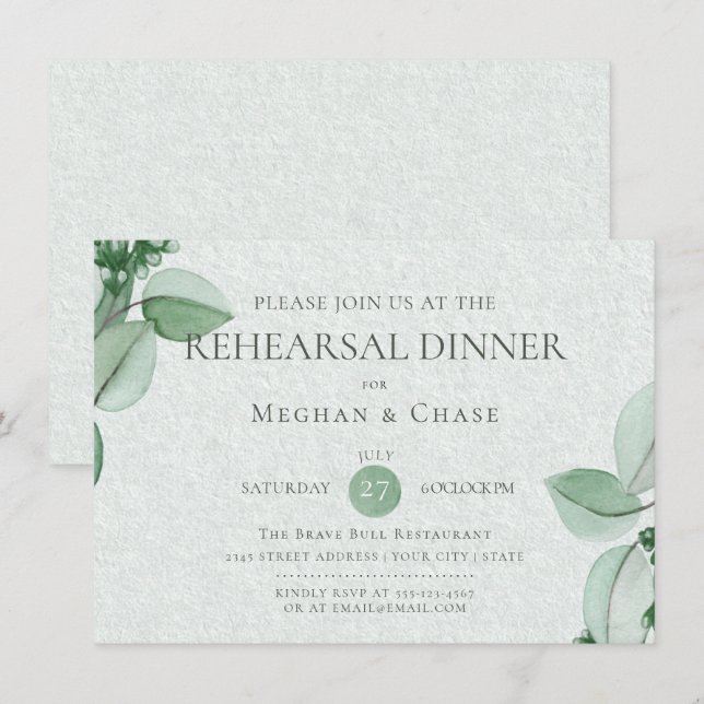 Invitation Répétition mariage | Élégante aquarelle Eucalyptus (Devant / Derrière)