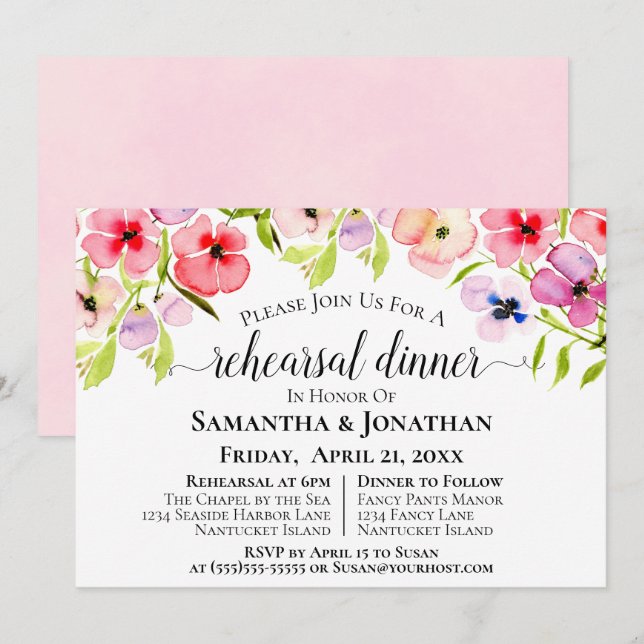 Invitation Répétition Mariage Fleur sauvage aquarelle et dîne (Devant / Derrière)