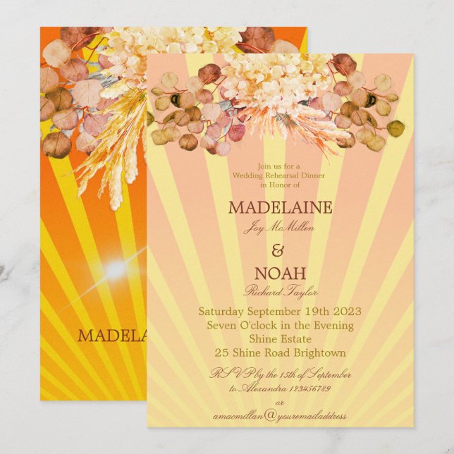 Invitation Répétition Mariage Floral Burnt Orange Sunray (Devant / Derrière)