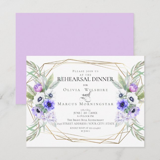 Invitation Répétition mariage | Floral d'anémone violet (Devant / Derrière)