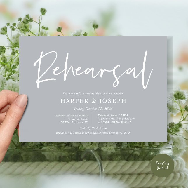 Invitation Répétition Mariage moderne et dîner, Gris frais (Wedding Rehearsal and Dinner Invitation Card, PDF, Modern Minimalist Elegant, in Chill Grey)