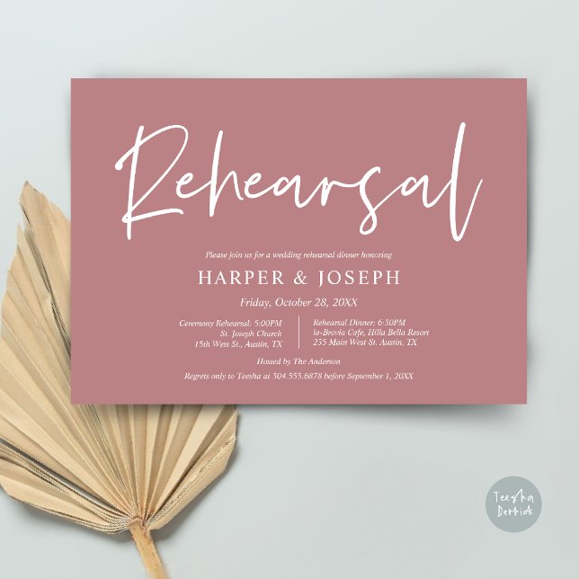Invitation Répétition Mariage moderne et dîner, Rose Dusty (Wedding Rehearsal and Dinner Invitation Card, PDF, Modern Minimalist Elegant, in Dusty Rose)