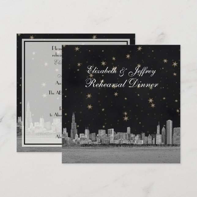 Invitation Répétition S Black Gold Star de Chicago Skyline (Devant / Derrière)