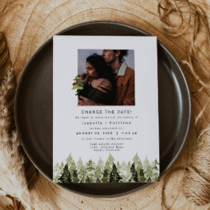 Invitation Replanifier le Mariage JENNA Rustic Pine Tree