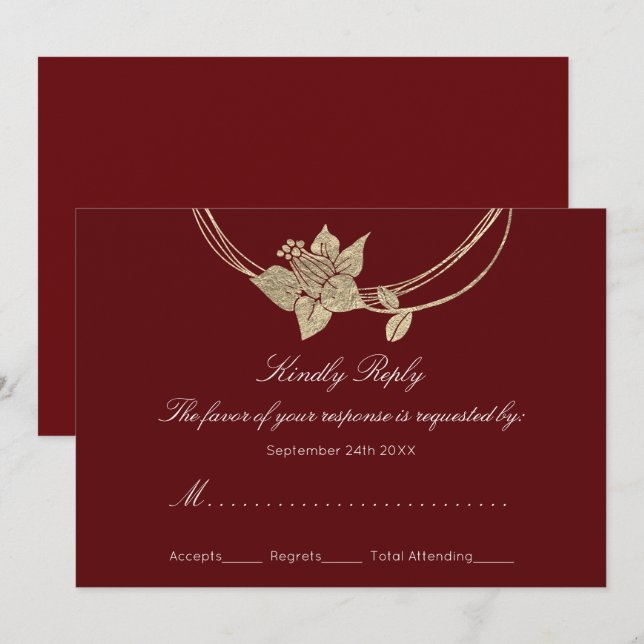 Invitation Réponse Burgundy Maroon Gold Couronne Fleurie Mari (Devant / Derrière)