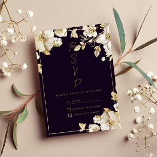 Invitation Réponse de luxe fleurale violet foncé et or blanc