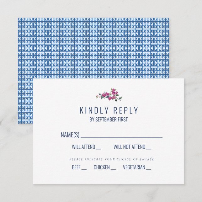 Invitation Réponse de mariage à clé grecque bleue méditerrané (Devant / Derrière)