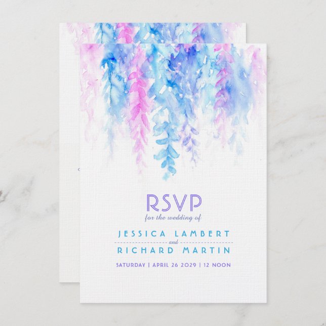 Invitation Réponse de mariage à l'aquarelle bleu violet en ca (Devant / Derrière)