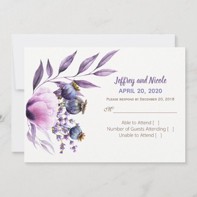 Invitation Réponse de mariage aquarelle lavande et pavot (Dos)