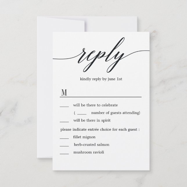Invitation Réponse de mariage avec options de menu en écritur (Devant)