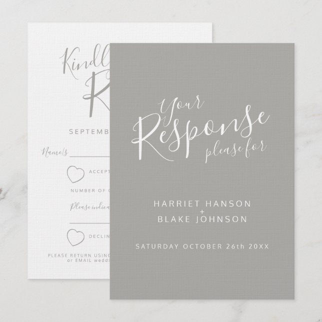 Invitation Réponse de mariage cœur blanc gris RSVP (Devant / Derrière)