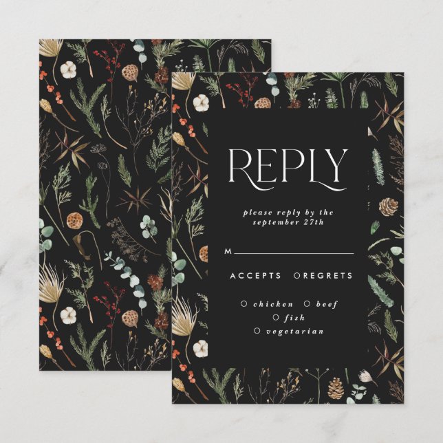 Invitation Réponse de mariage élégant floral botanique noir e (Devant / Derrière)