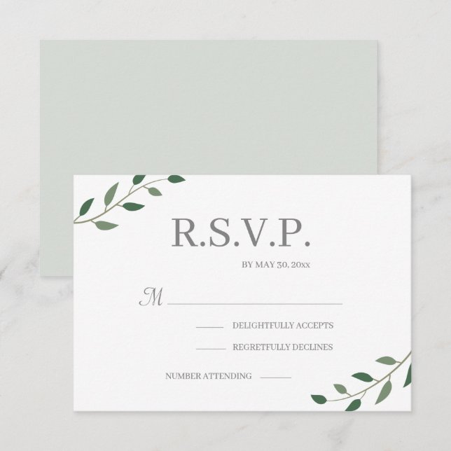 Invitation Réponse de mariage élégante aux feuilles vertes d' (Devant / Derrière)