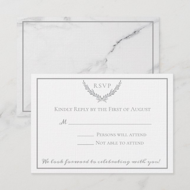 Invitation Réponse de mariage élégante en marbre et couronne (Devant / Derrière)