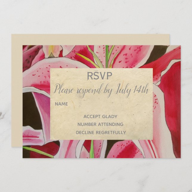 Invitation Réponse de mariage Fleurs de lys roses art rustiqu (Devant / Derrière)
