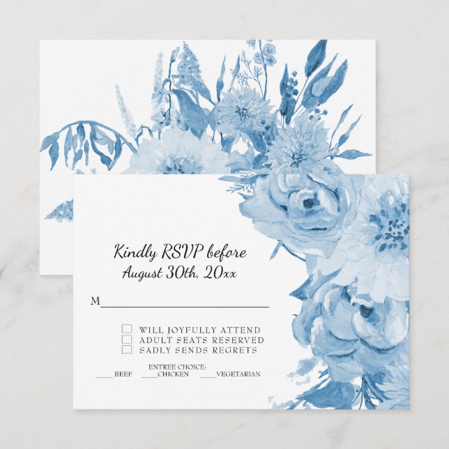 Invitation Réponse de mariage floral aquarelle bleu clair et  (Devant / Derrière)
