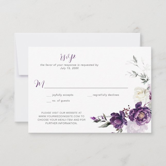 Invitation Réponse de mariage florale aux pivoines violettes  (Devant)