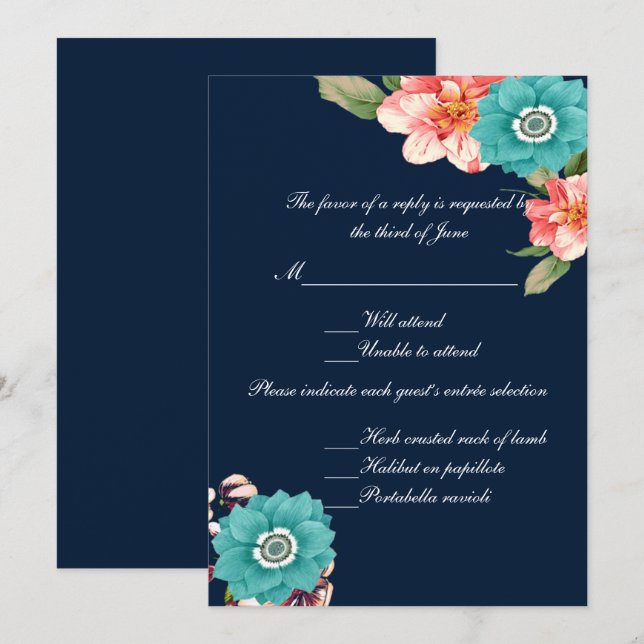 Invitation Réponse de mariage florale bleue et rose botanique (Devant / Derrière)