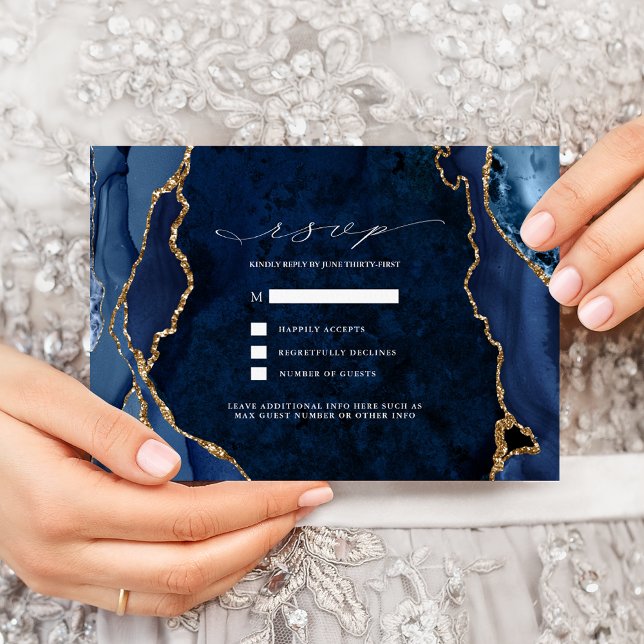 Invitation Réponse de mariage Navy Marble & Gold Agate (Créateur téléchargé)