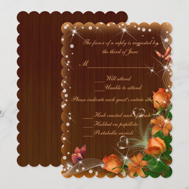 Invitation Réponse de mariage papillon floral en bois foncé r (Devant / Derrière)