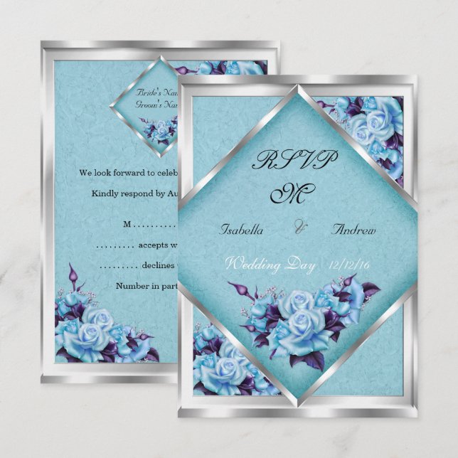 Invitation Réponse de mariage Teal Roses Violettes Bouquet Ar (Devant / Derrière)