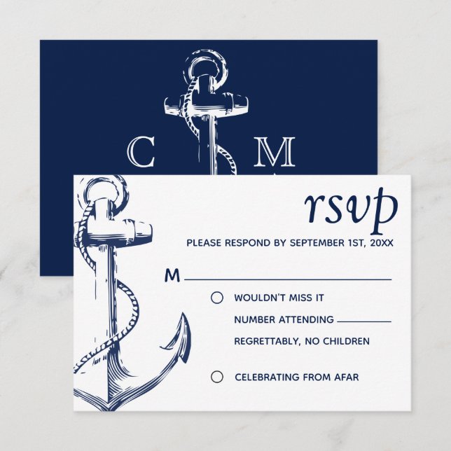 Invitation Réponse pour mariage avec ancre nautique esquisse  (Devant / Derrière)