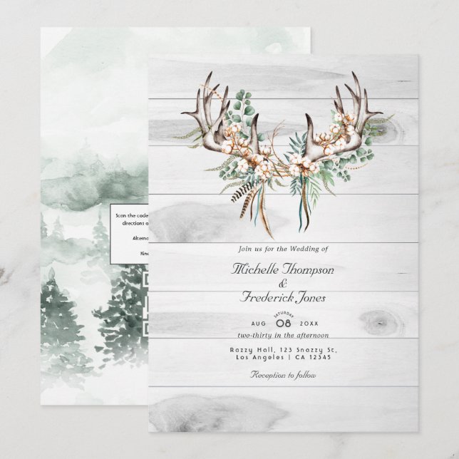 Invitation Réponse QR Code Rustique Mariage Bohème (Devant / Derrière)