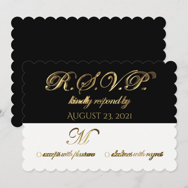 Invitation Réponse Réponse Mariage RSVP Noir Blanc Or (Devant / Derrière)