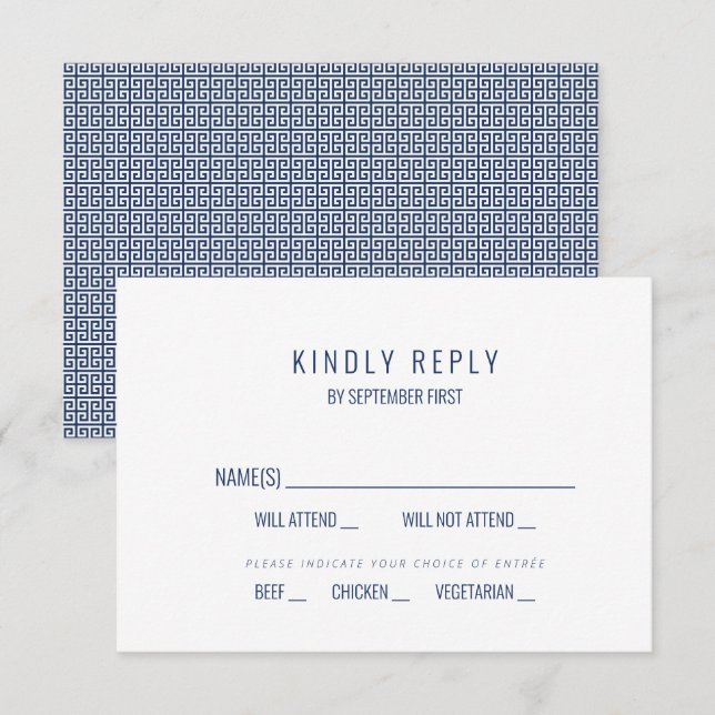 Invitation Réponse RSVP de mariage à clé grecque bleue médite (Devant / Derrière)