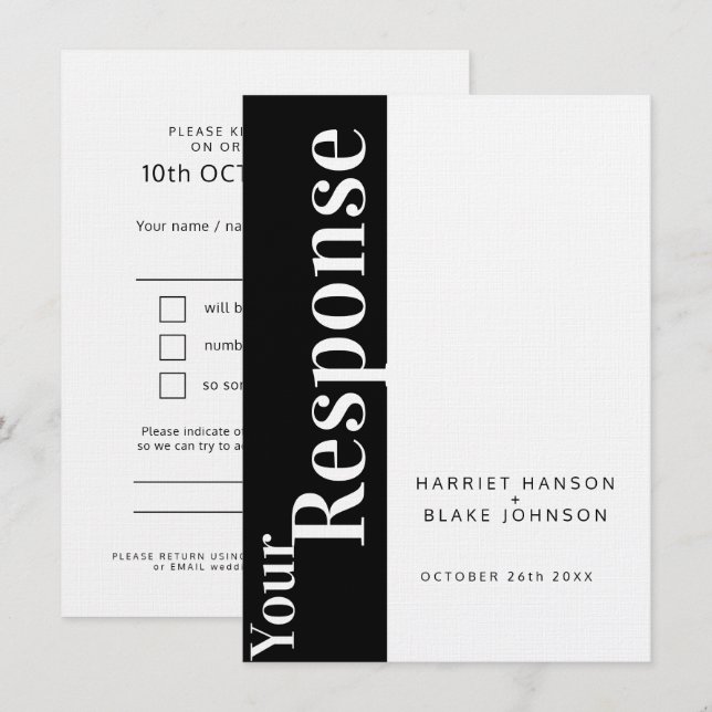 Invitation Réponse RSVP de mariage en texte gras noir et blan (Devant / Derrière)