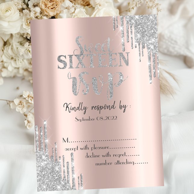 Invitation Réponse RSVP Glitter Élégant Rose Doré Sweet 16  (Créateur téléchargé)