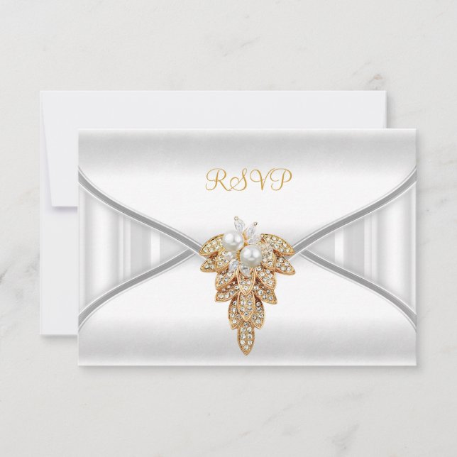 Invitation Réponse RSVP Réponse Élégant Bijou d'or blanc (Devant)