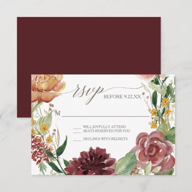 Invitation Réponse RSVP Roses Fanes de Chrysanthème Automnale (Devant / Derrière)