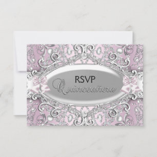 Invitation Réponse Silver & Pink Damassé Perle Quinceanera
