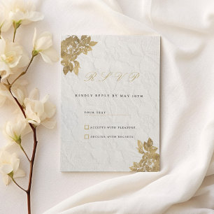 Invitation Réponse vintage en or blanc dentelle florale franç