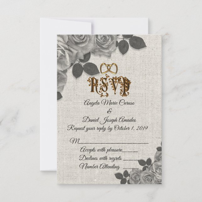 Invitation Réponses de mariage en lin avec des roses noires e (Devant)