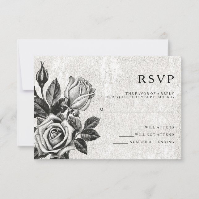 Invitation Réponses de mariage roses victoriennes noires et b (Devant)