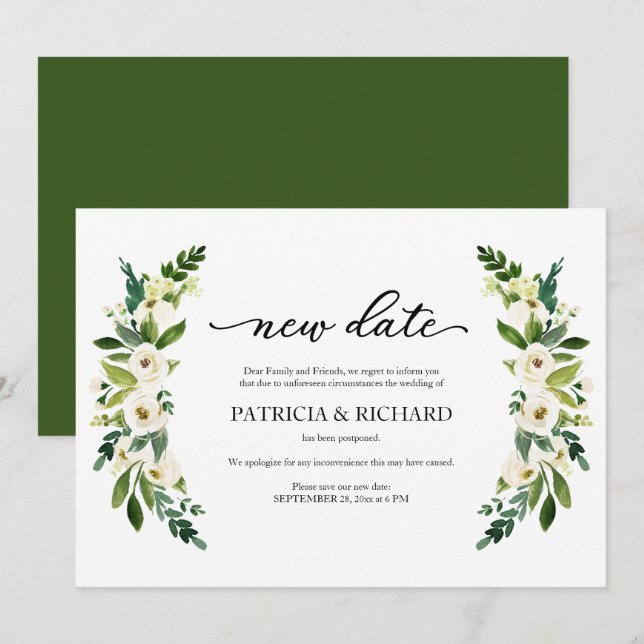 Invitation Report de mariage à nouvelle date Floral Végétal (Devant / Derrière)