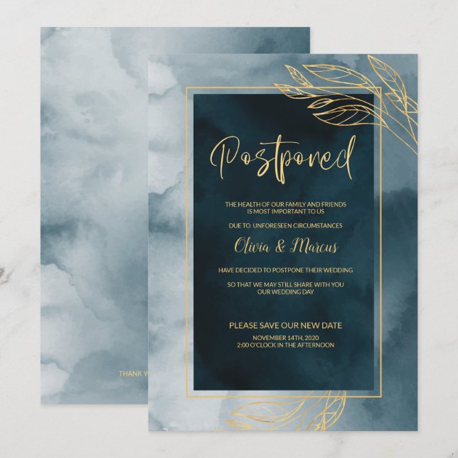 Invitation Report de mariage aquarelle bleu marine et or (Devant / Derrière)