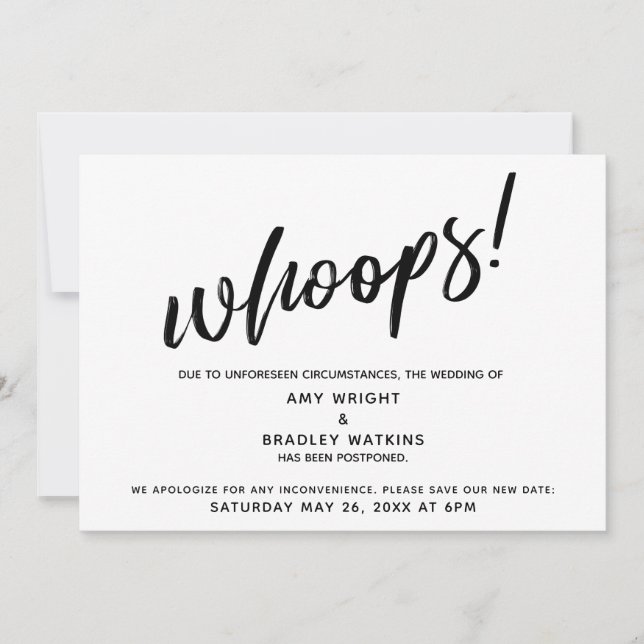 Invitation Reporté Mariage humoristique "Oups !"Faire-part (Devant)
