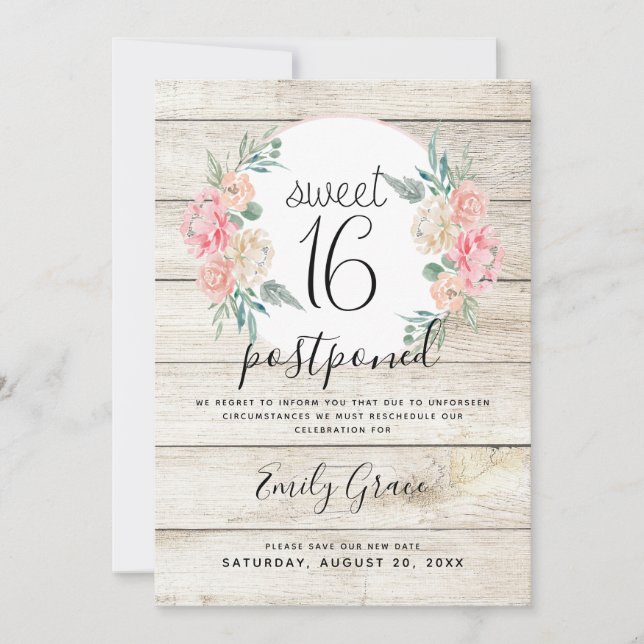Invitation Reportée Rustique Bois Bohème Floral Douce 16 (Devant)