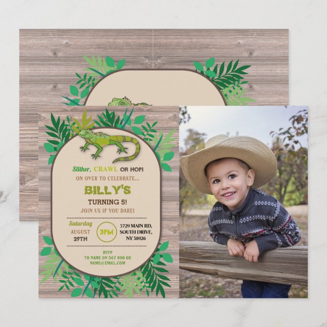 Invitation Reptile d'anniversaire Enfants Anniversaire Lizard (Devant / Derrière)