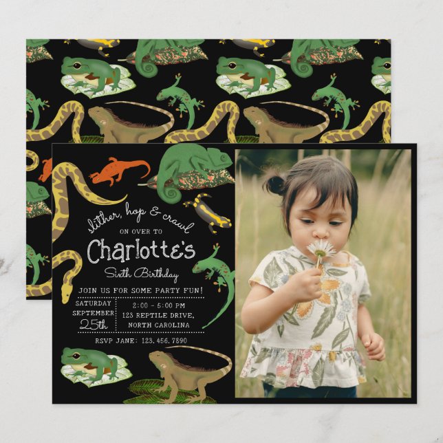 Invitation Reptile, lézards et amphibiens Enfants Photo Anniv (Devant / Derrière)