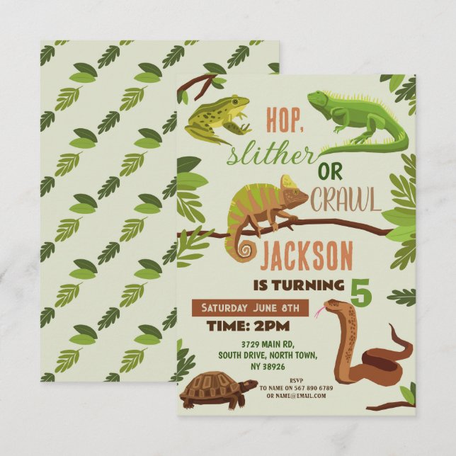 Invitation Reptiles Serpent fête d'anniversaire Lizard Frogs  (Devant / Derrière)