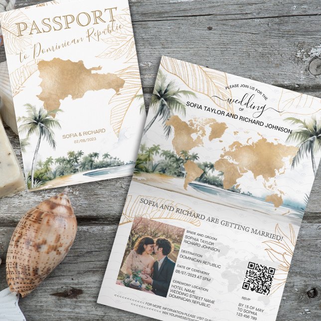 Invitation République Dominicaine Destination Mariage Passepo (dominican republic golden map and watercolor palm trees and beach passport wedding invitation)