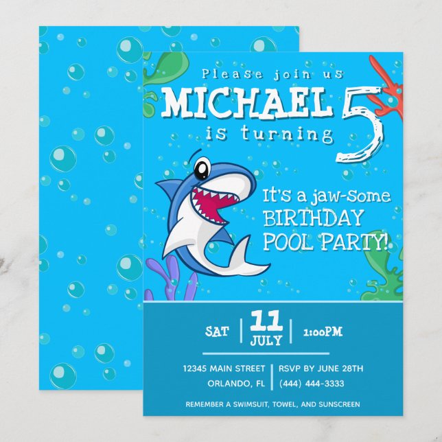Invitation Requin Bleu Océan Enfants N'importe quel âge Anniv (Devant / Derrière)