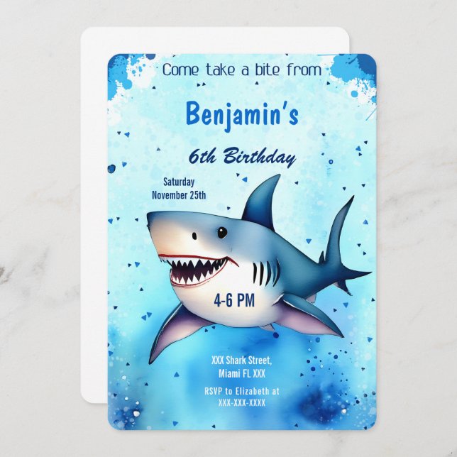 Invitation Requin du 6e anniversaire (Devant / Derrière)