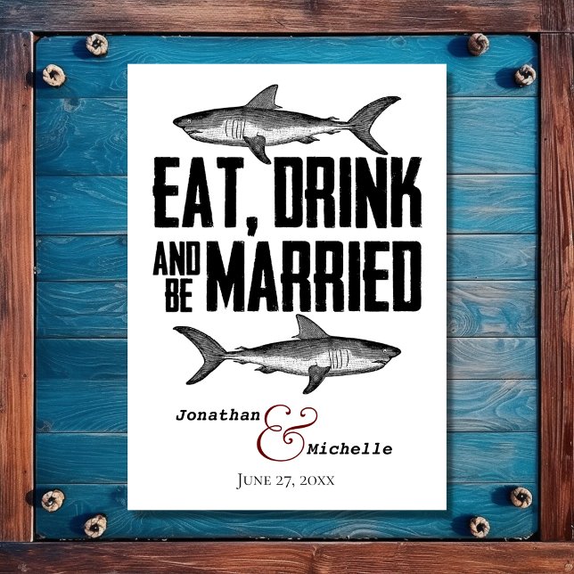 Invitation Requin Mange Boire et être marié Noir Blanc Mariag (Front - Shark Eat Drink and be Married Black White Wedding Invitation)