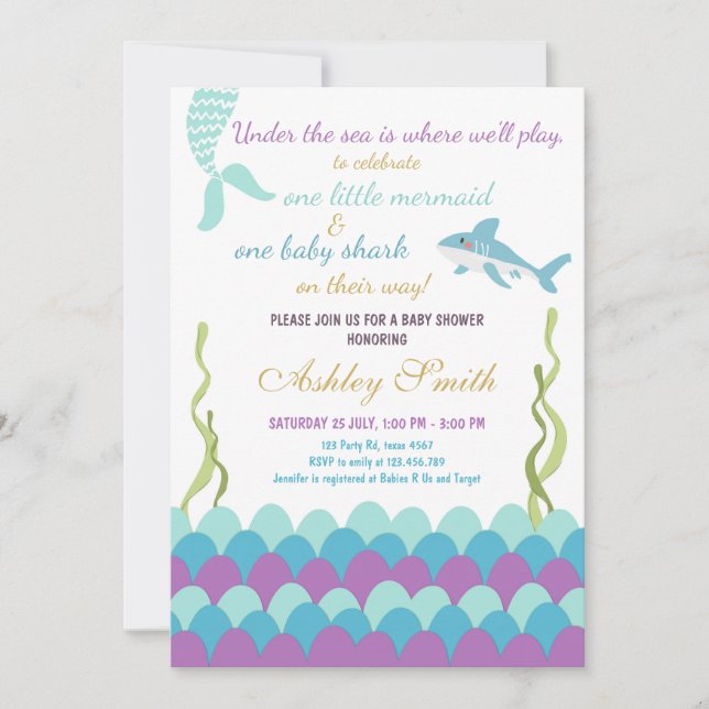 Invitation Requin Sirène Sous Le Baby shower Sea Twins (Devant)