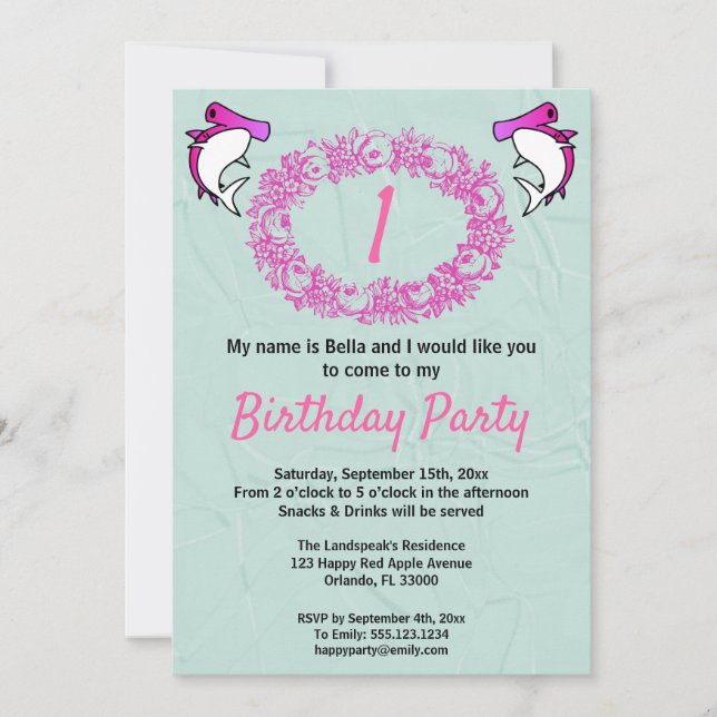 Invitation Requins roses et couronne Rose 1er anniversaire (Devant)
